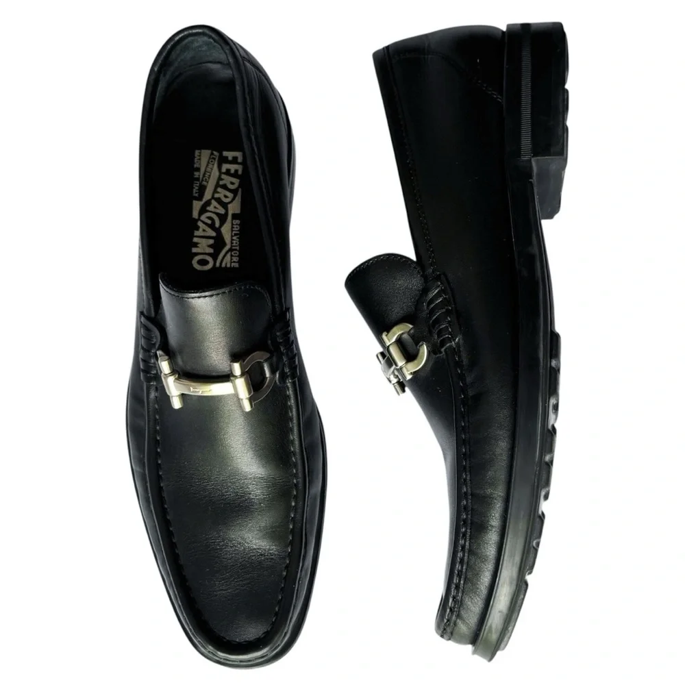 Ferragamo Black Leather Horsebit Loafers | 8